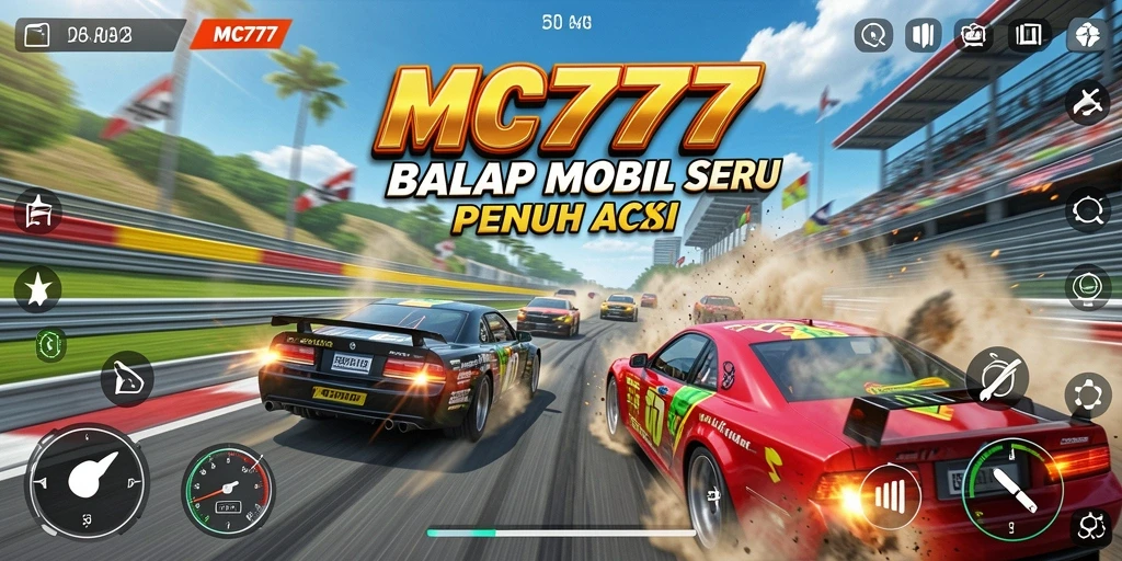 Tangkapan layar gameplay MC777 menunjukkan balapan mobil yang mendebarkan.