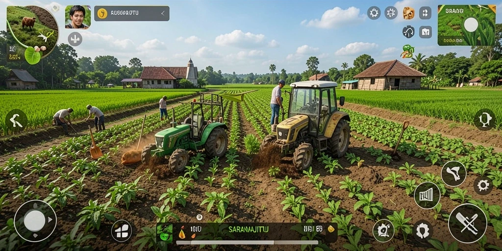 Screenshot utama SARANAJITU menampilkan gameplay yang seru di ladang pertanian.